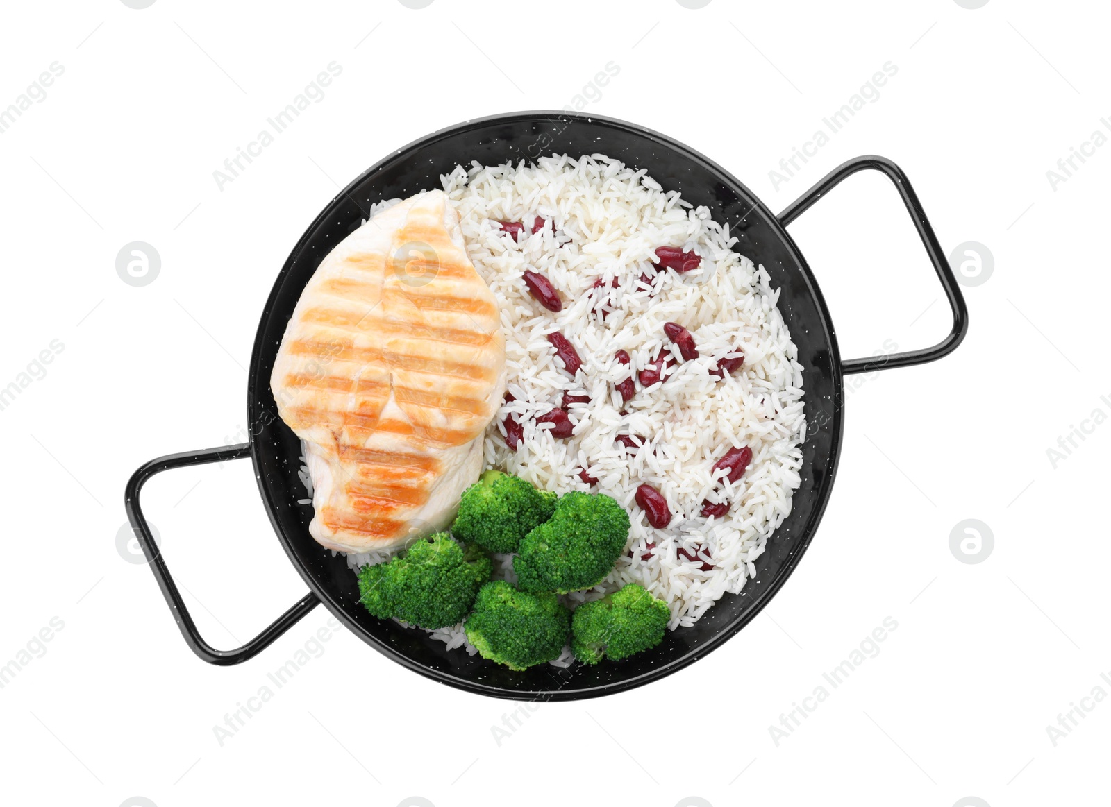 Photo of Tasty rice with beans, broccoli and chicken meat isolated on white, top view