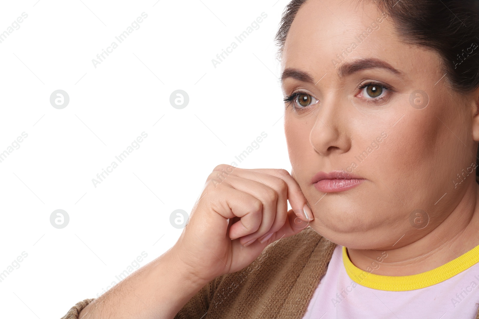 Photo of Woman with double chin on white background