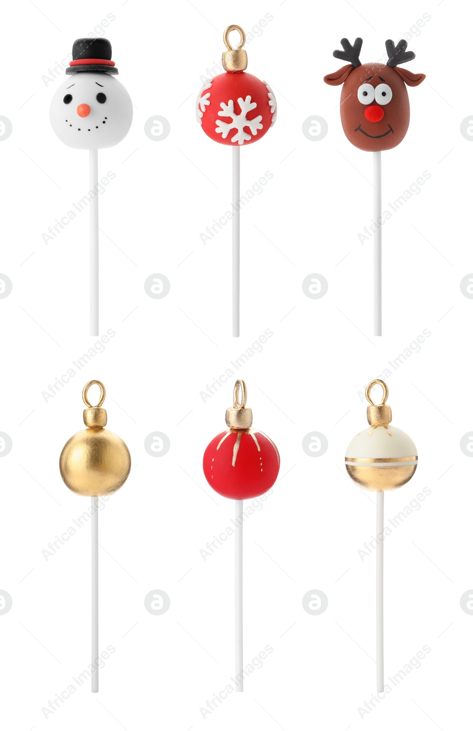 Image of Set of Christmas themed cake pops on white background