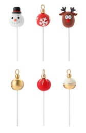 Image of Set of Christmas themed cake pops on white background