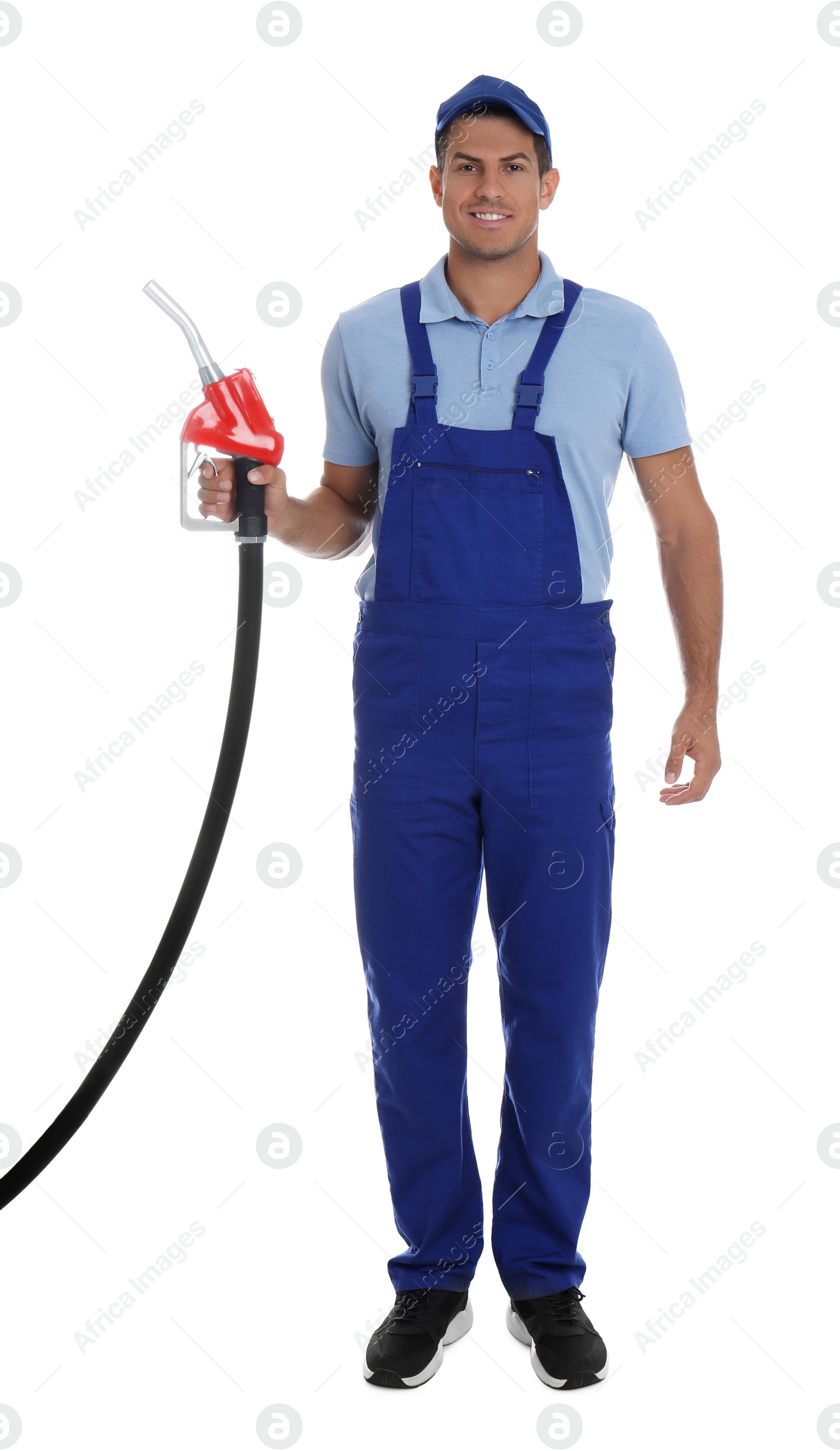 Photo of Gas station worker with fuel nozzle on white background