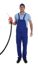 Gas station worker with fuel nozzle on white background