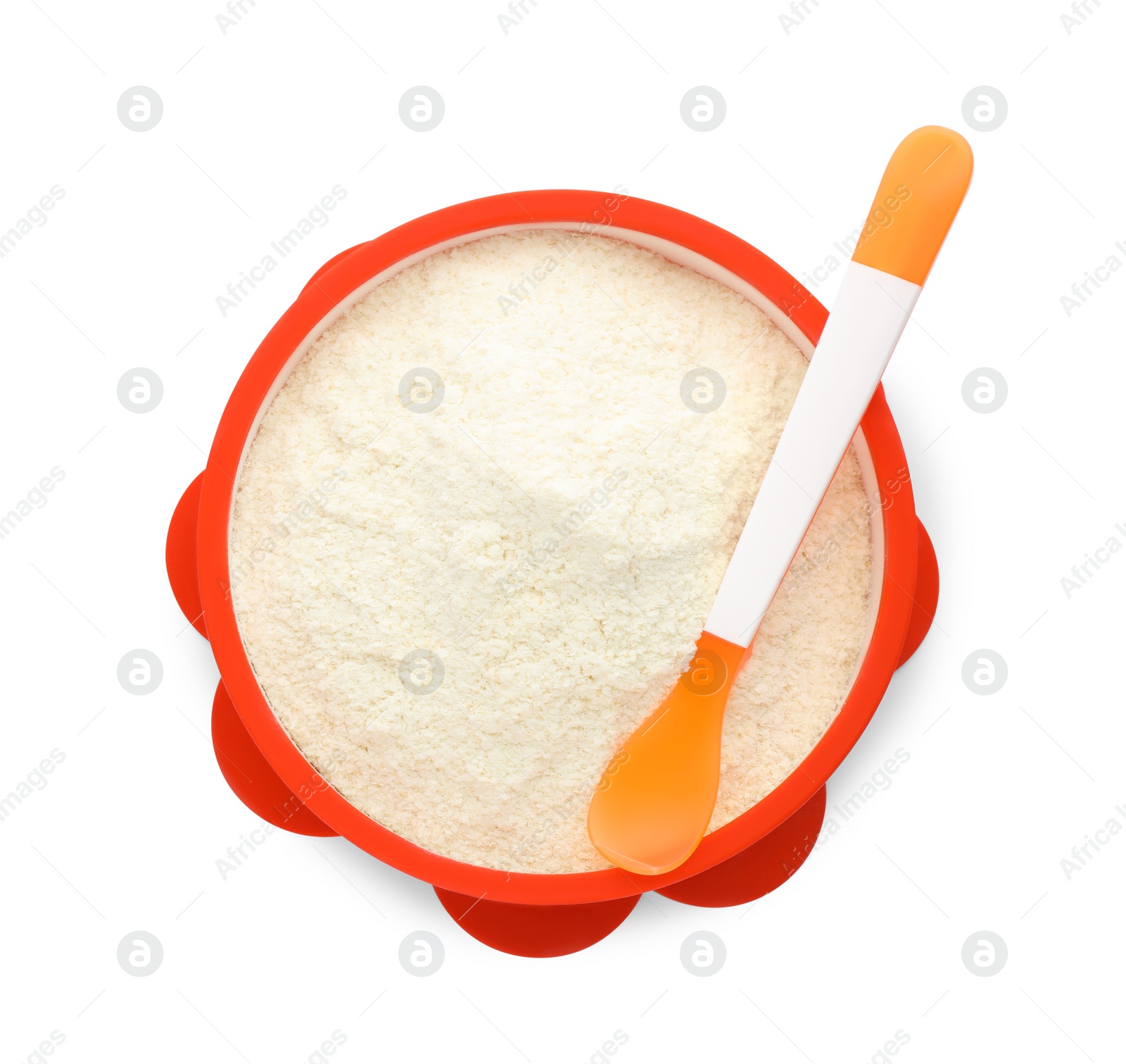 Photo of Dry healthy baby food in bowl on white background, top view