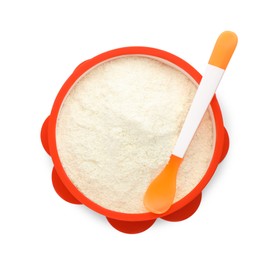 Photo of Dry healthy baby food in bowl on white background, top view