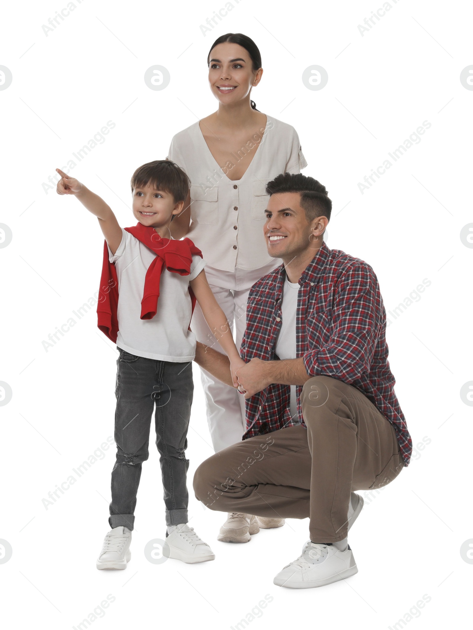 Photo of Little boy with his parents together on white background