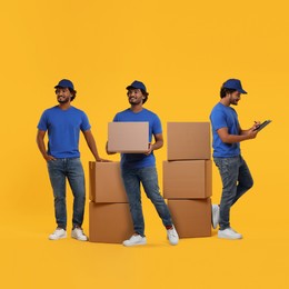 Delivery service. Happy courier with cardboard boxes on orange background, collage of photos