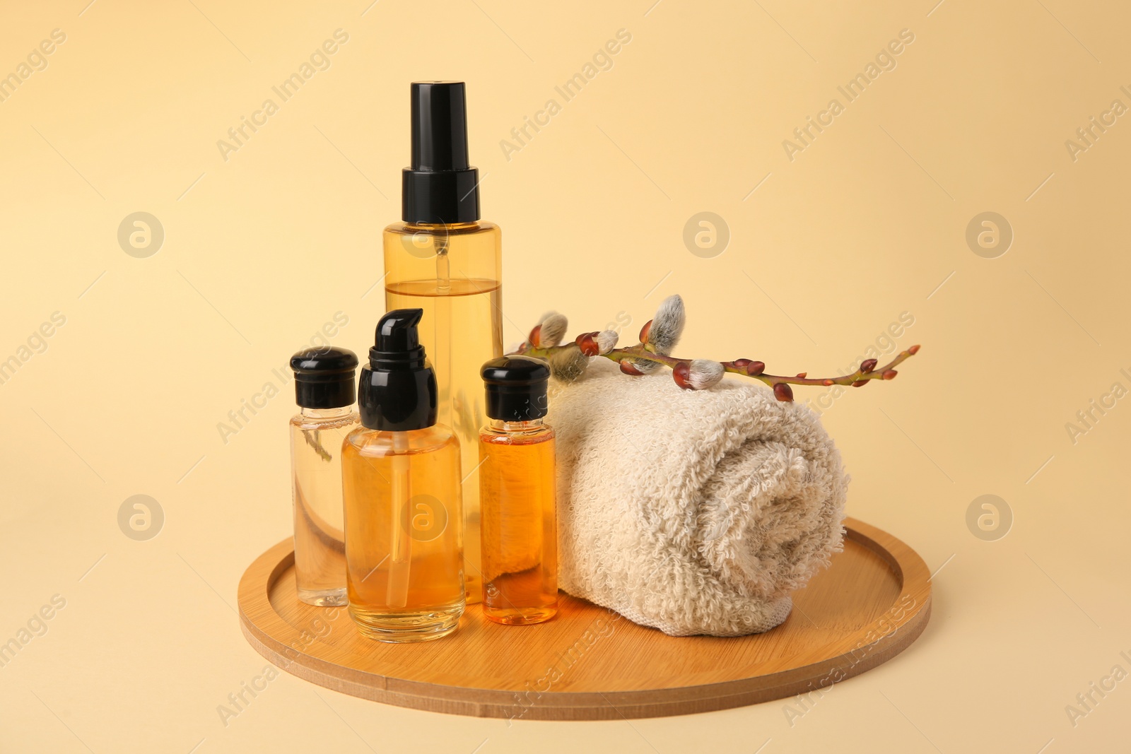 Photo of Bottles with cosmetic products, rolled towel and willow branch on beige background