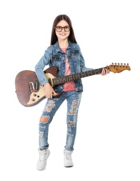 Photo of Little cheerful girl playing guitar, isolated on white