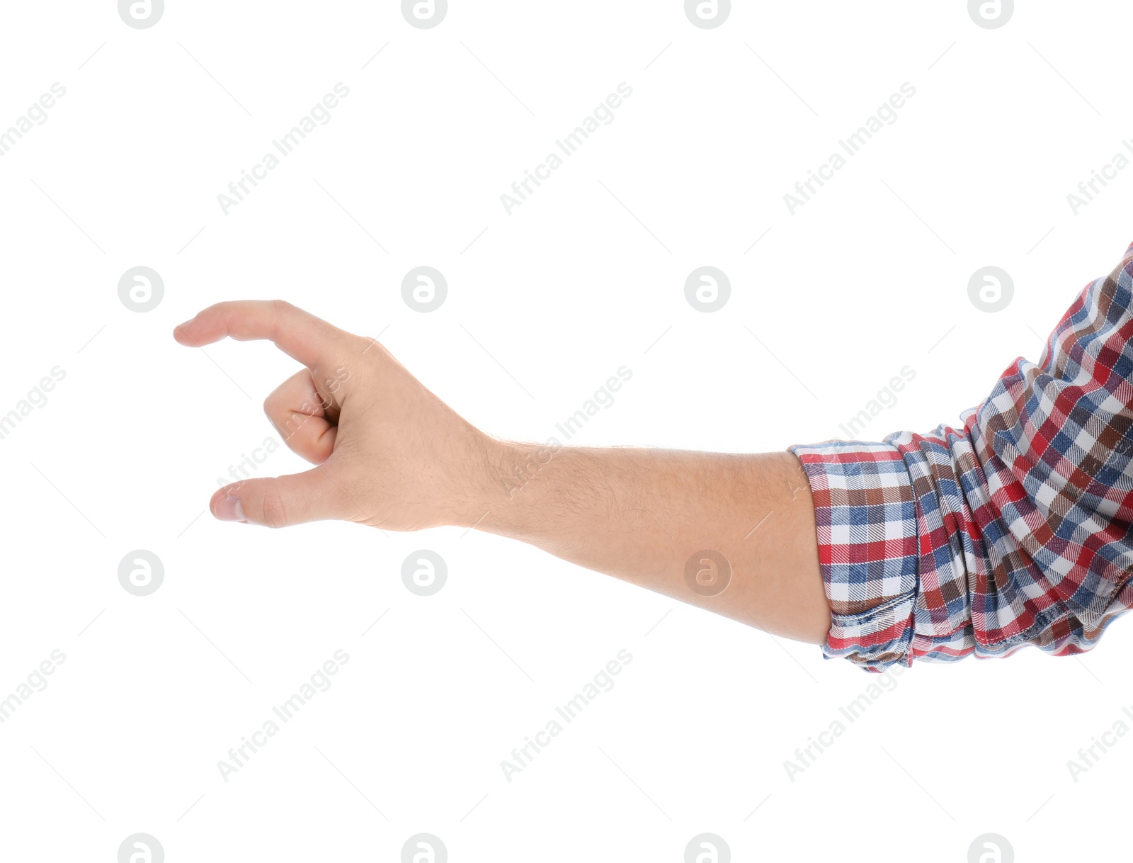 Photo of Man holding magnet on white background, closeup