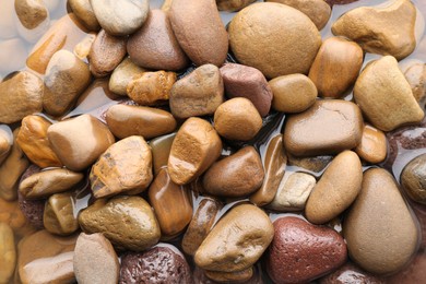 Photo of Beautiful pebbles in water as background, top view