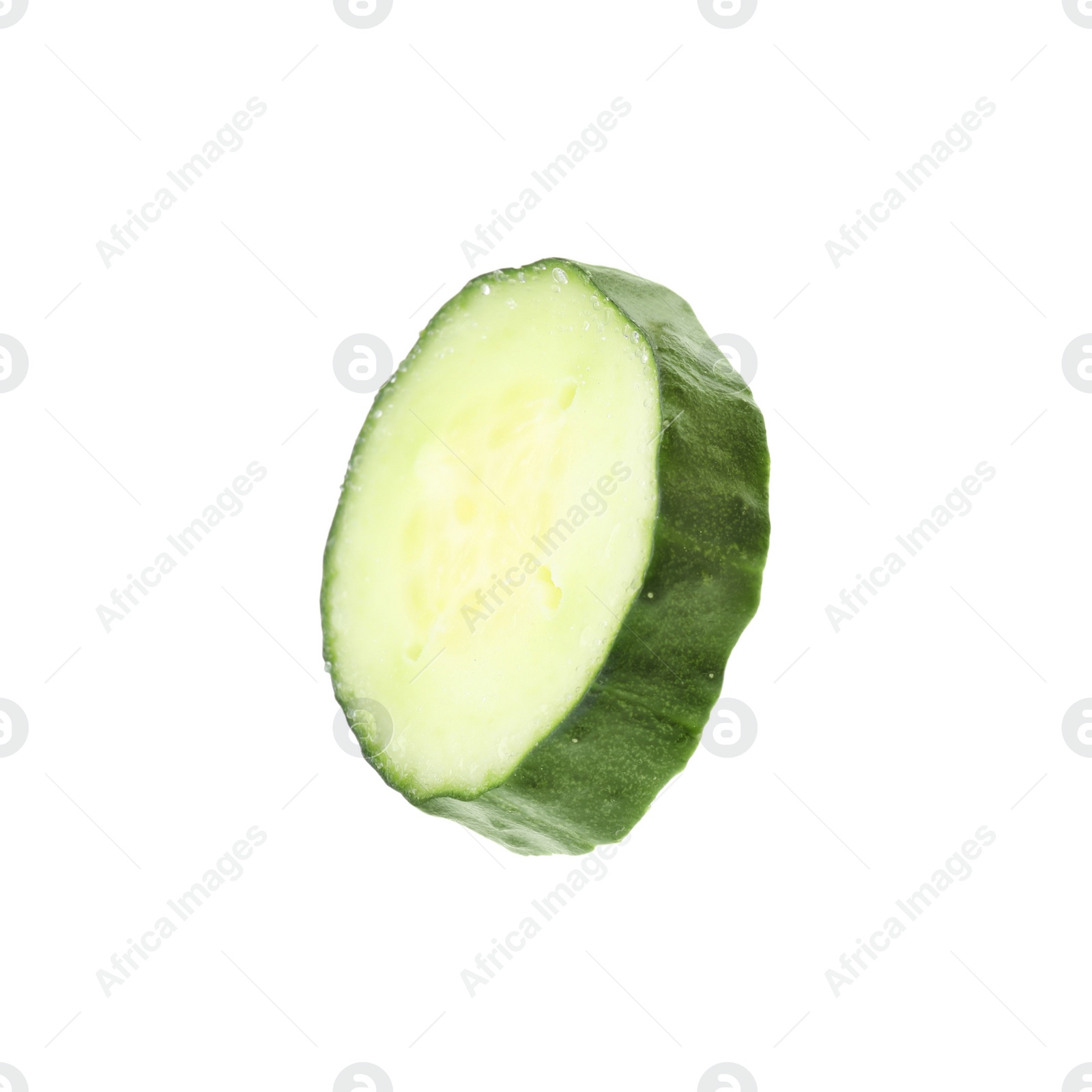 Photo of Slice of fresh cucumber on white background