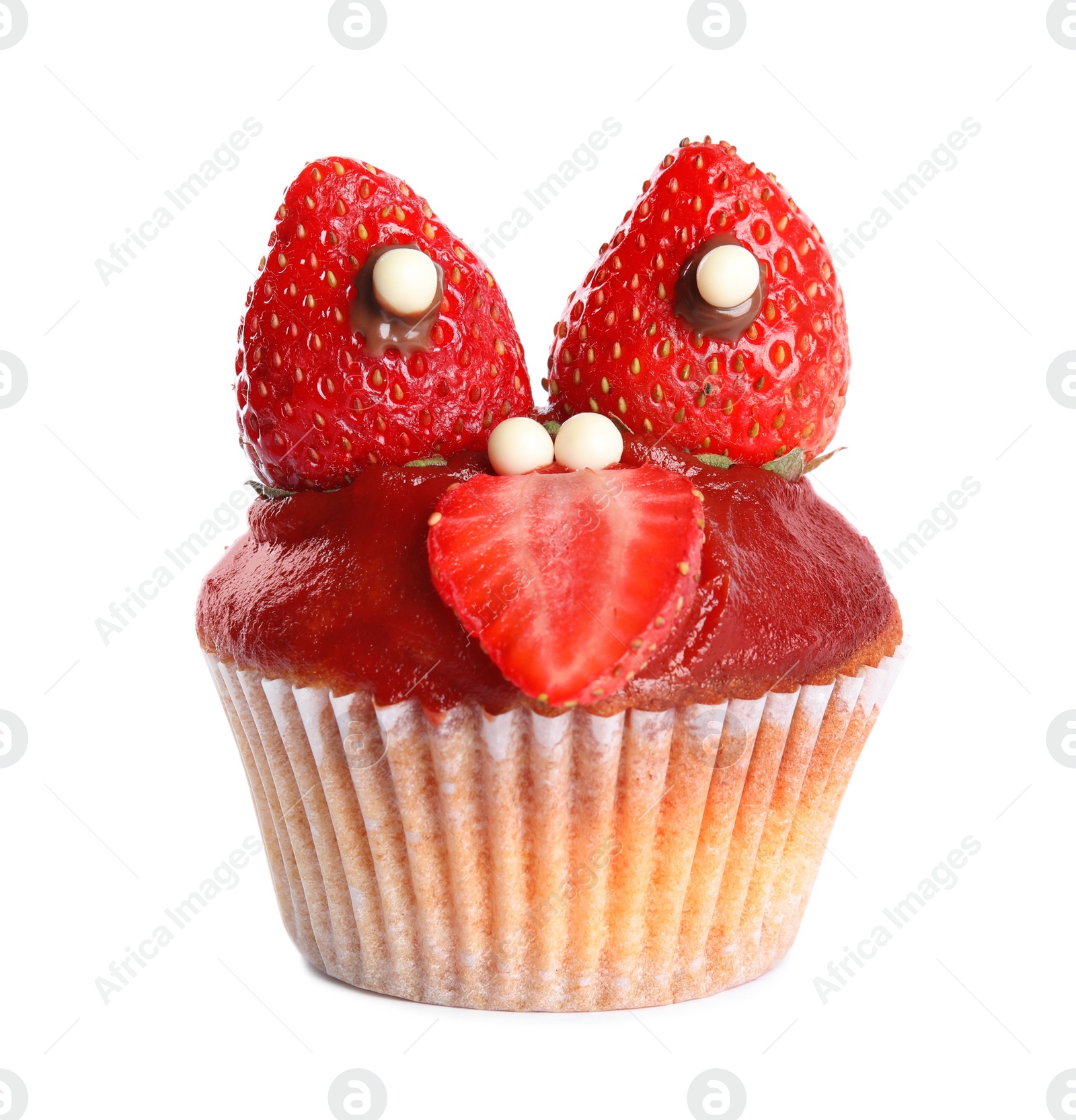 Photo of Delicious cupcake decorated as monster on white background. Halloween treat