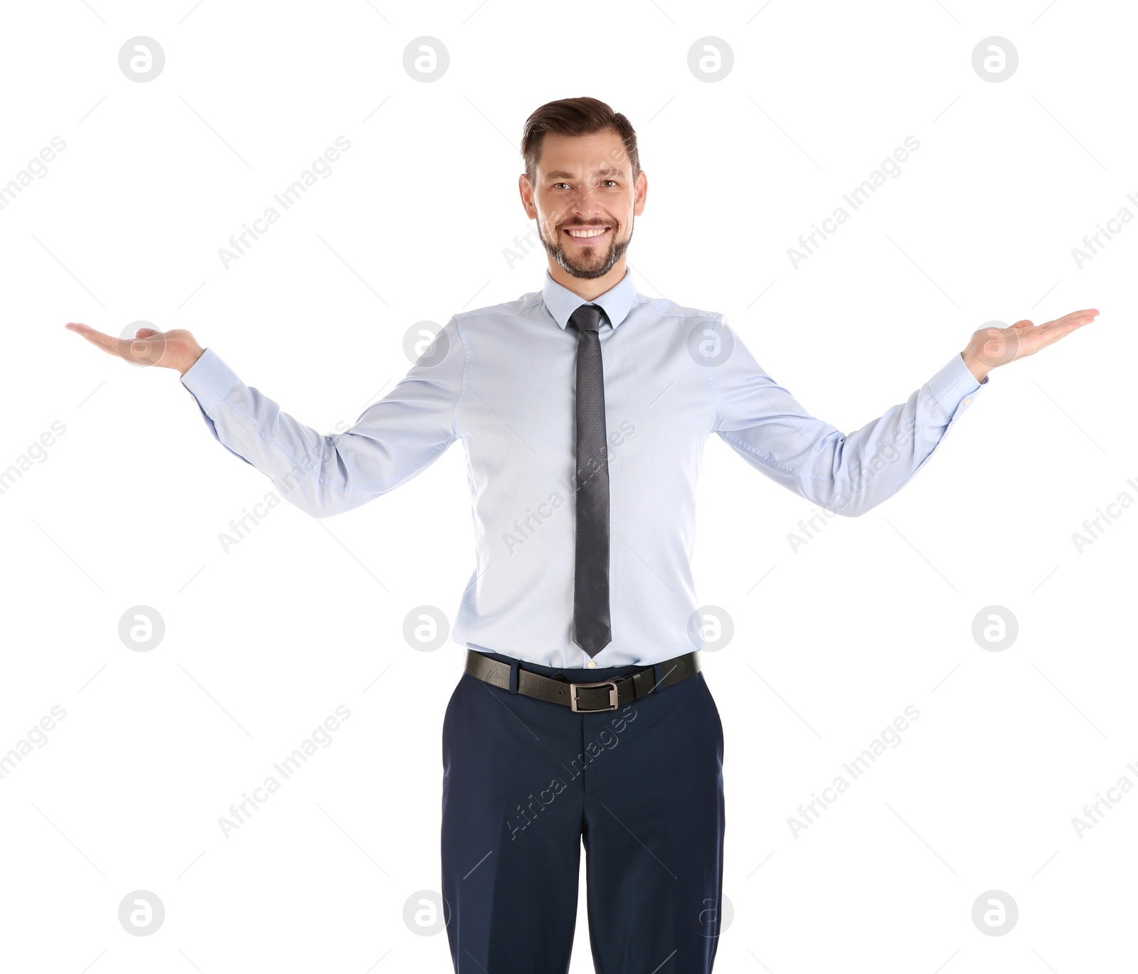 Photo of Portrait of businessman showing balance gesture on white background