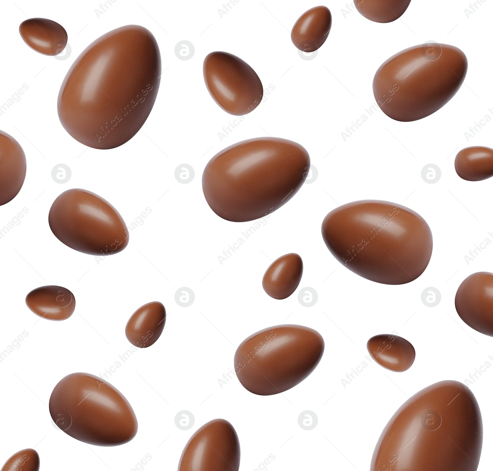 Image of Many chocolate eggs falling on white background