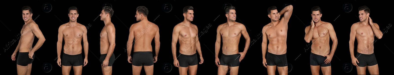 Image of Collage of man in underwear on black background. Banner design 