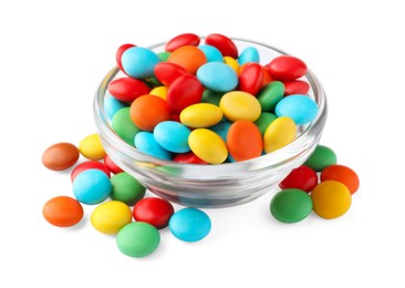 Photo of Bowl with colorful candies on white background