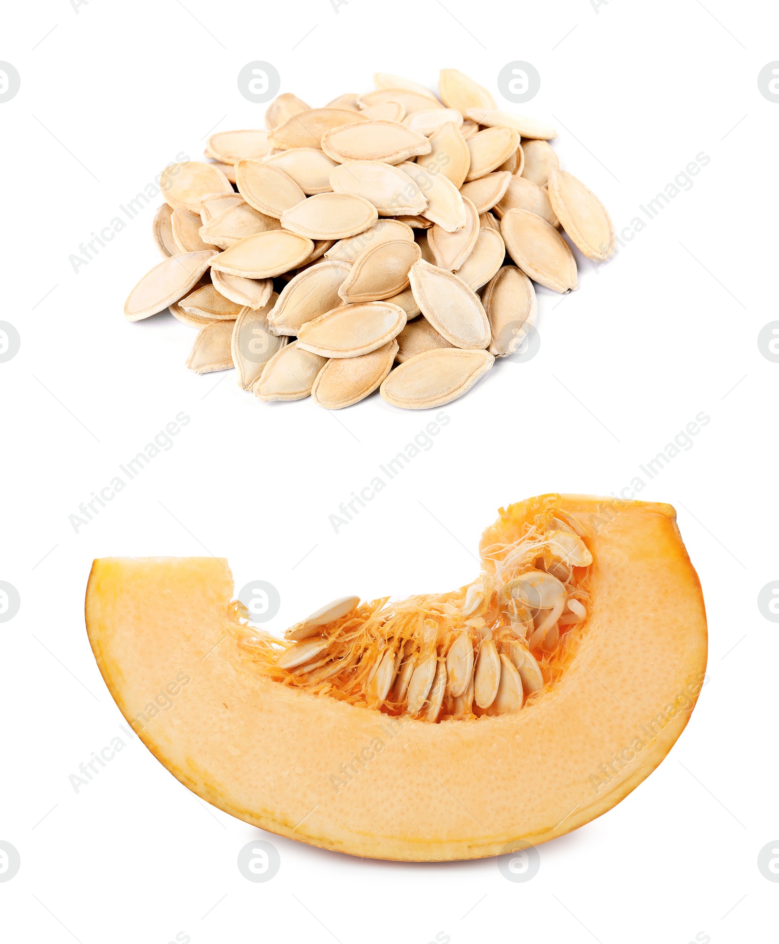 Image of Raw pumpkin and seeds on white background