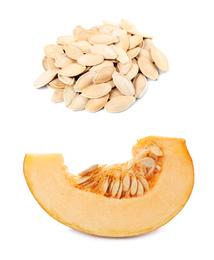 Image of Raw pumpkin and seeds on white background