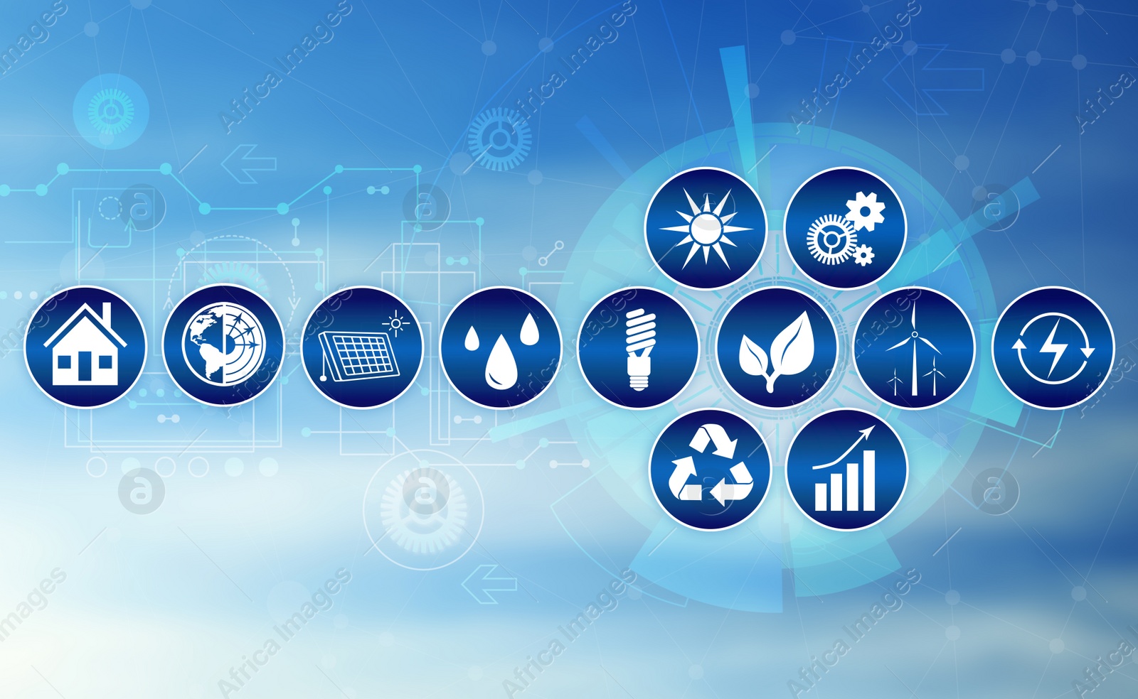 Image of Energy efficiency concept. Different icons and sky on background