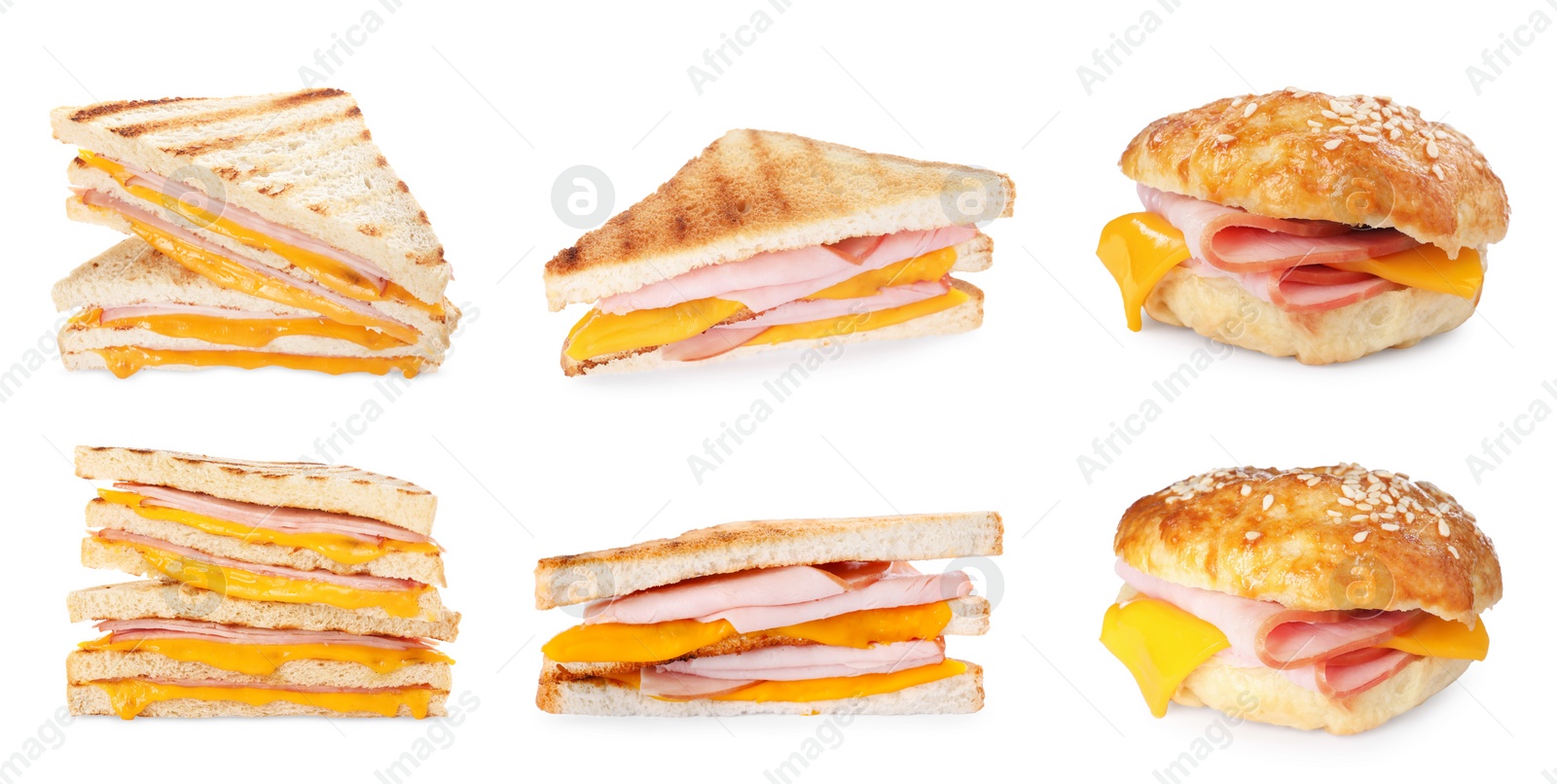 Image of Delicious sandwiches with ham and cheese isolated on white, collection