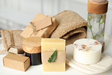 Photo of Eco friendly personal care products on white table indoors