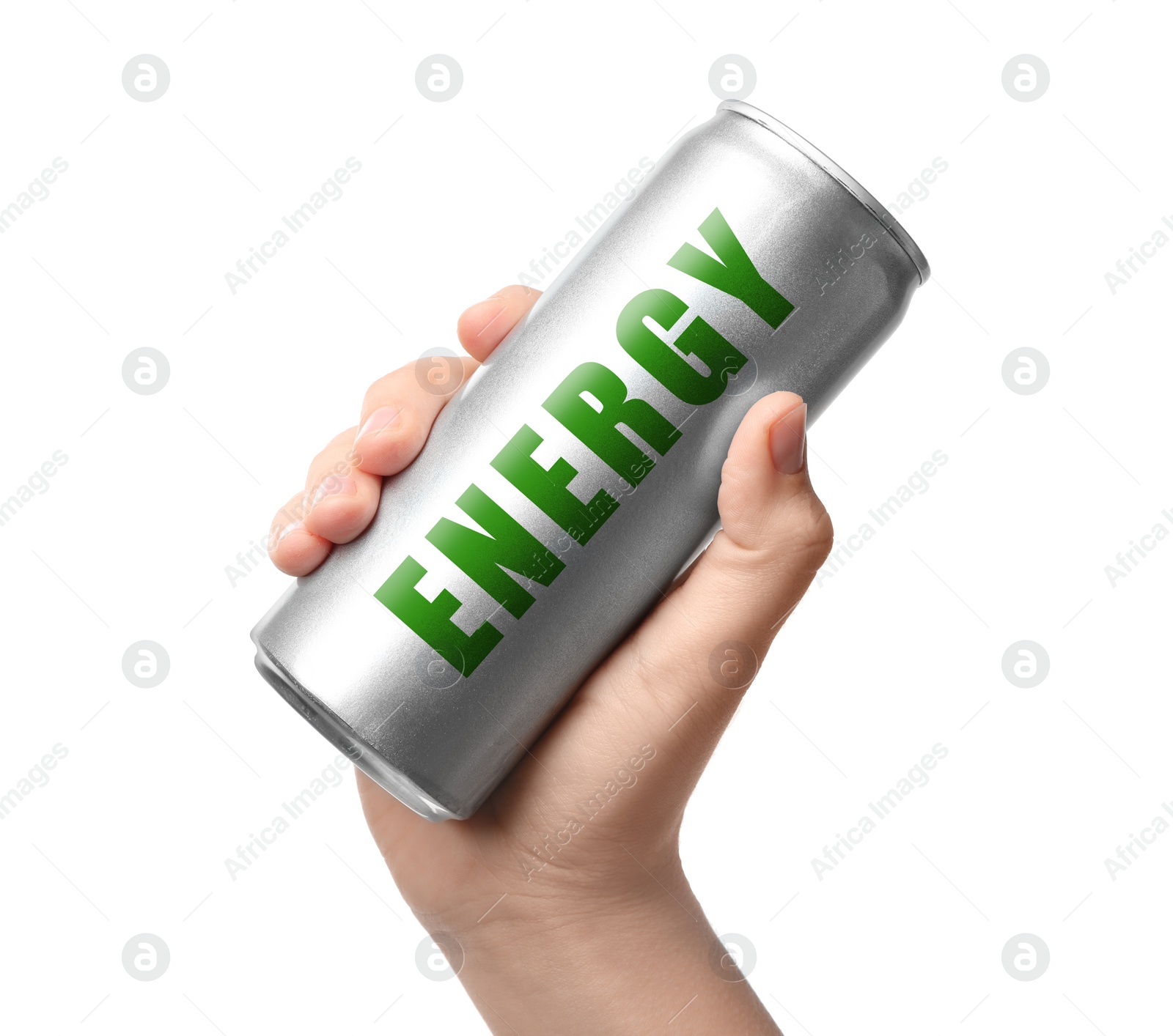 Image of Woman holding can of energy drink on white background, closeup 