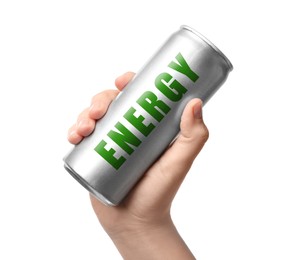 Woman holding can of energy drink on white background, closeup 