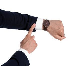 Businessman with wristwatch on white background. Time concept