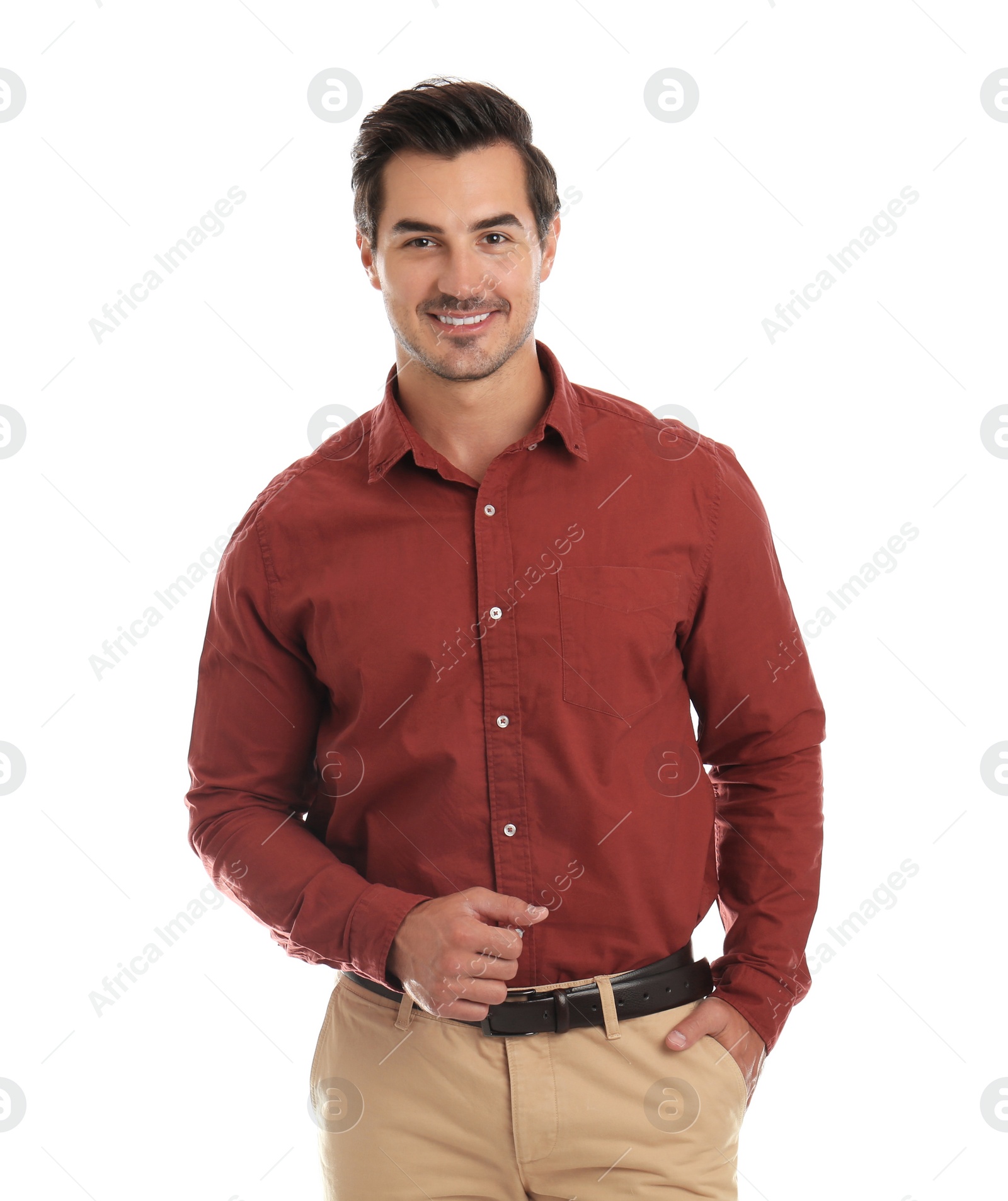 Photo of Portrait of young male teacher on white background