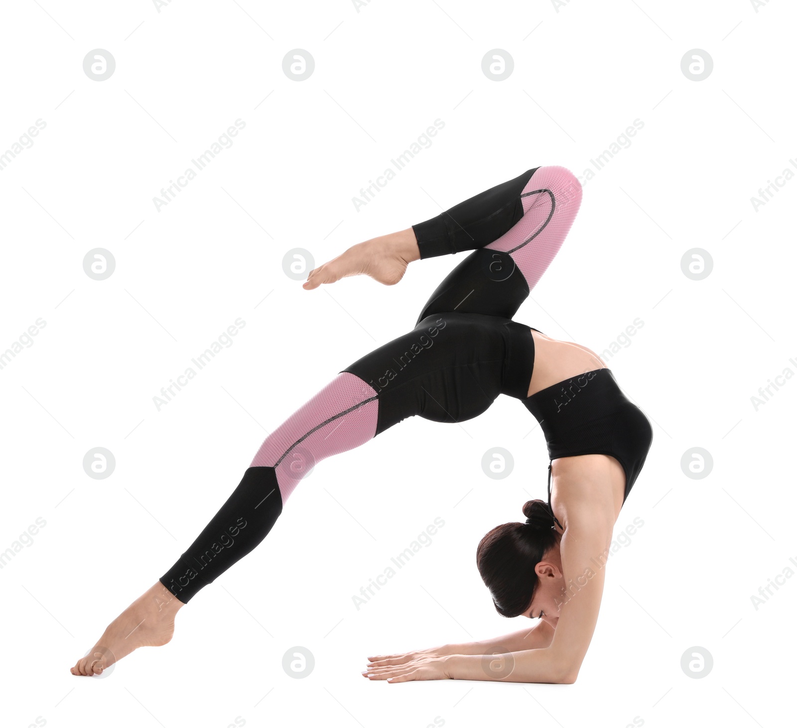 Photo of Professional young acrobat exercising on white background