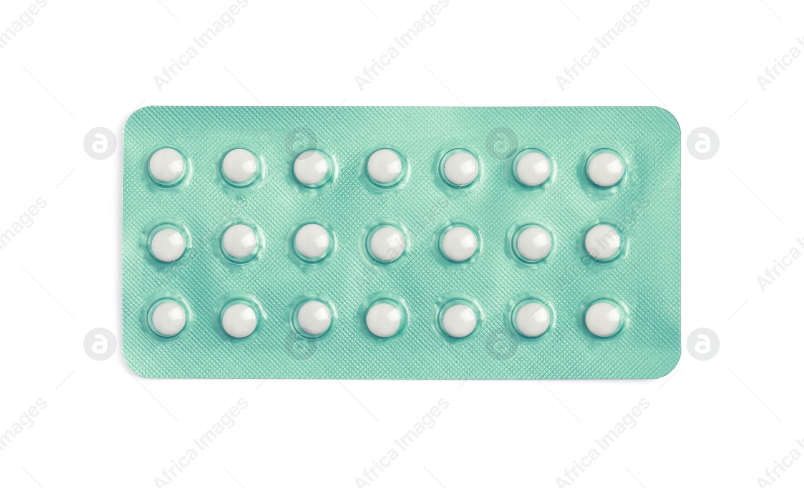 Photo of Blister of oral contraception pills isolated on white, top view