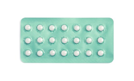 Photo of Blister of oral contraception pills isolated on white, top view