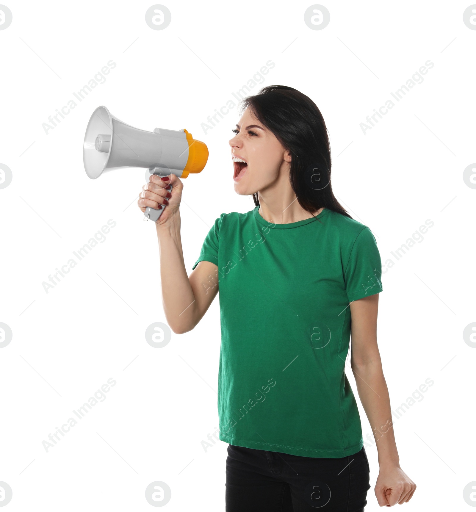 Photo of Portrait of emotional woman using megaphone on white background