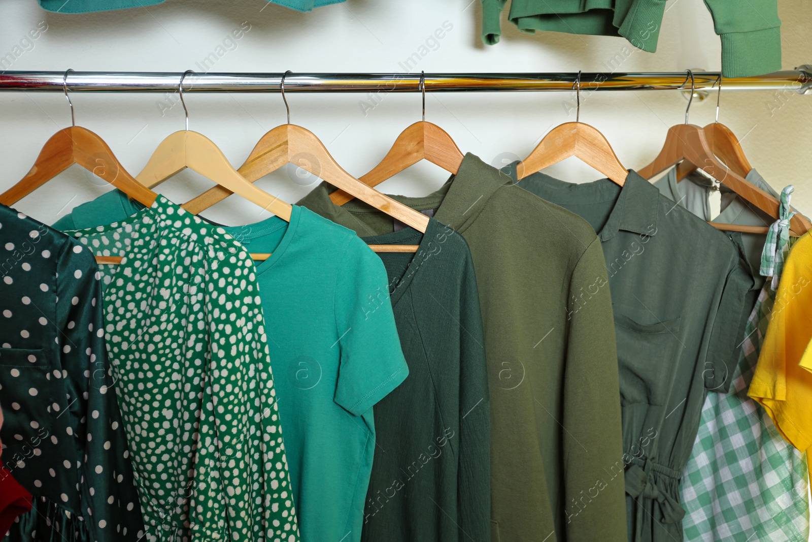 Photo of Different green clothes on wooden hangers in wardrobe. Fashion blogger