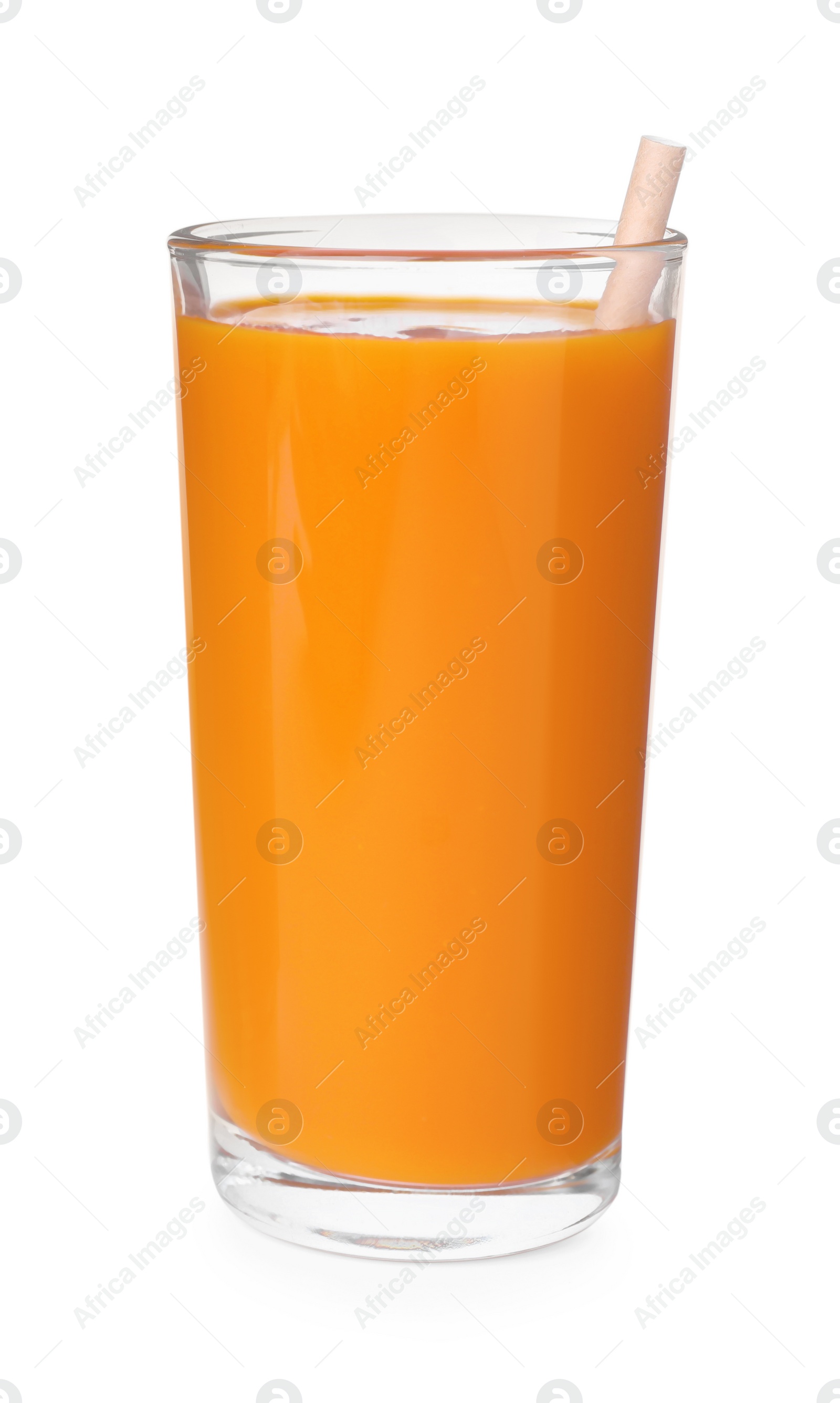 Photo of Fresh carrot juice with straw in glass on white background