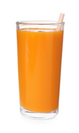 Fresh carrot juice with straw in glass on white background