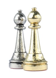 Photo of Silver and golden bishops on white background. Chess pieces