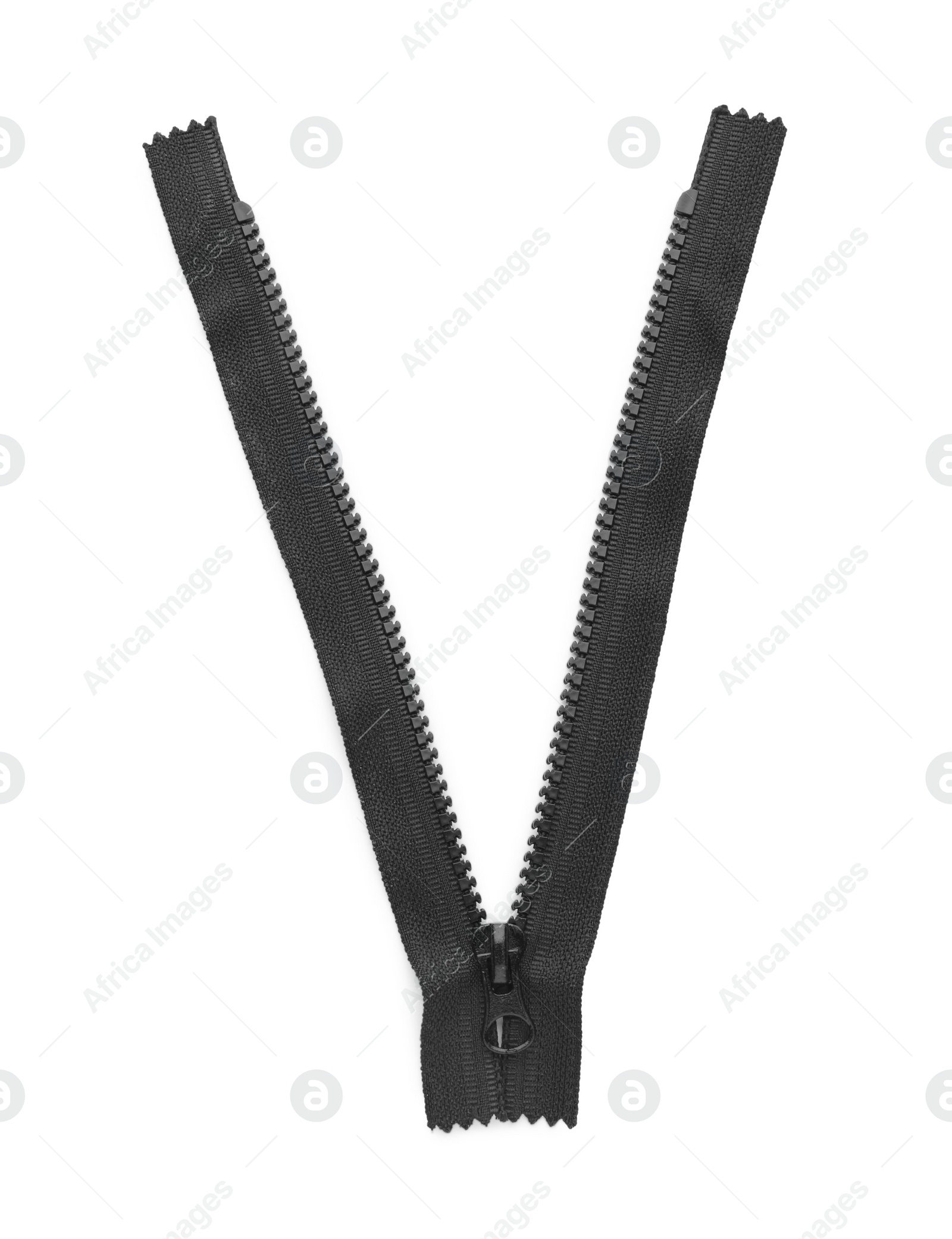 Photo of Black zipper isolated on white, top view