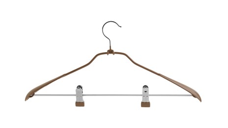 Photo of Empty hanger with clips isolated on white. Wardrobe accessory