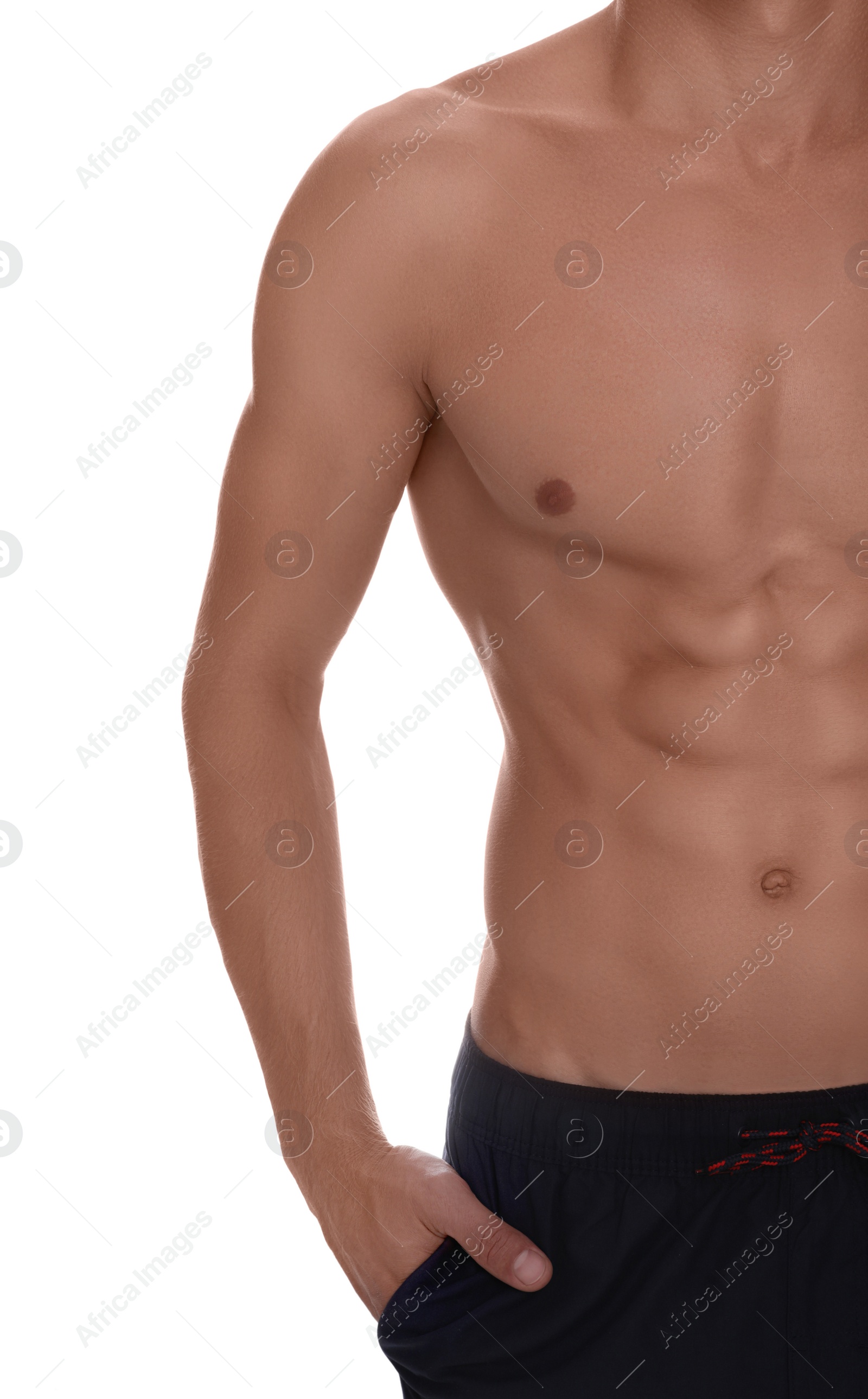 Photo of Shirtless man with slim body isolated on white, closeup
