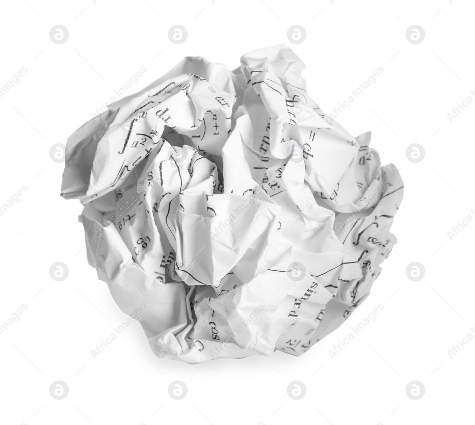 Photo of Crumpled sheet of paper with math equations isolated on white