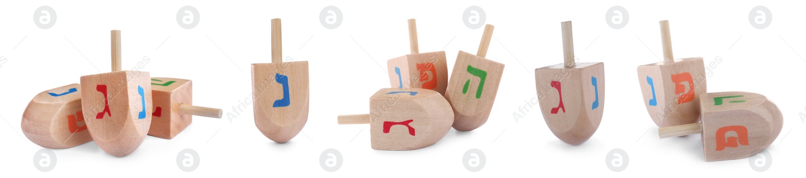 Image of Hanukkah traditional dreidels with letters on white background, collage. Banner design