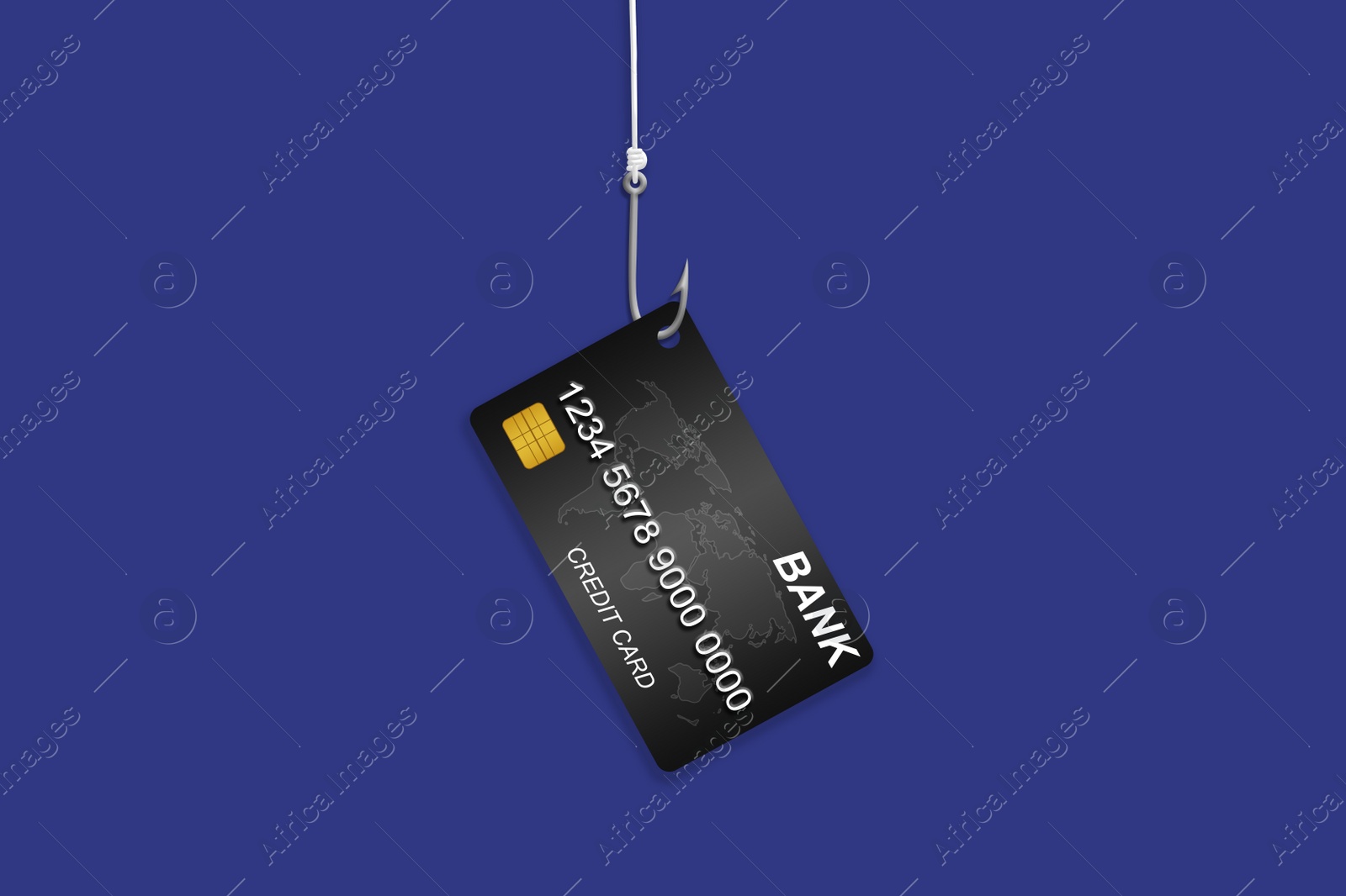 Image of Hook with credit card on blue background. Cyber crime
