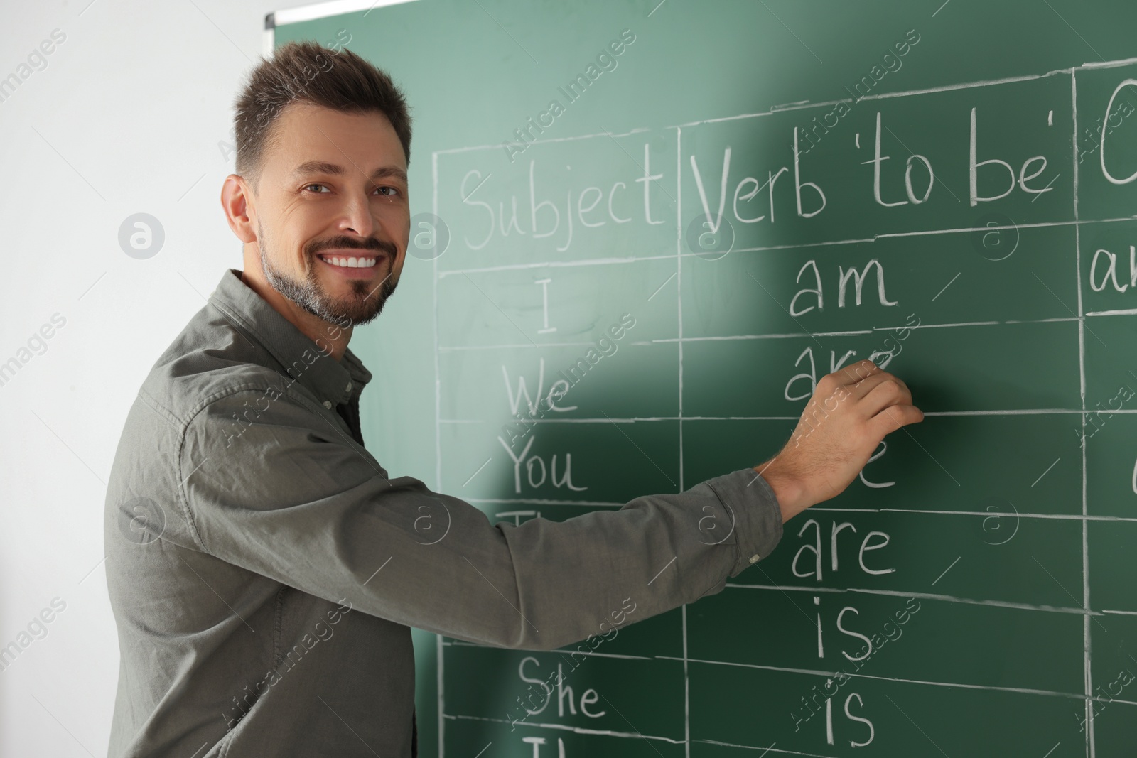 Photo of Happy teacher explaining English at blackboard in classroom