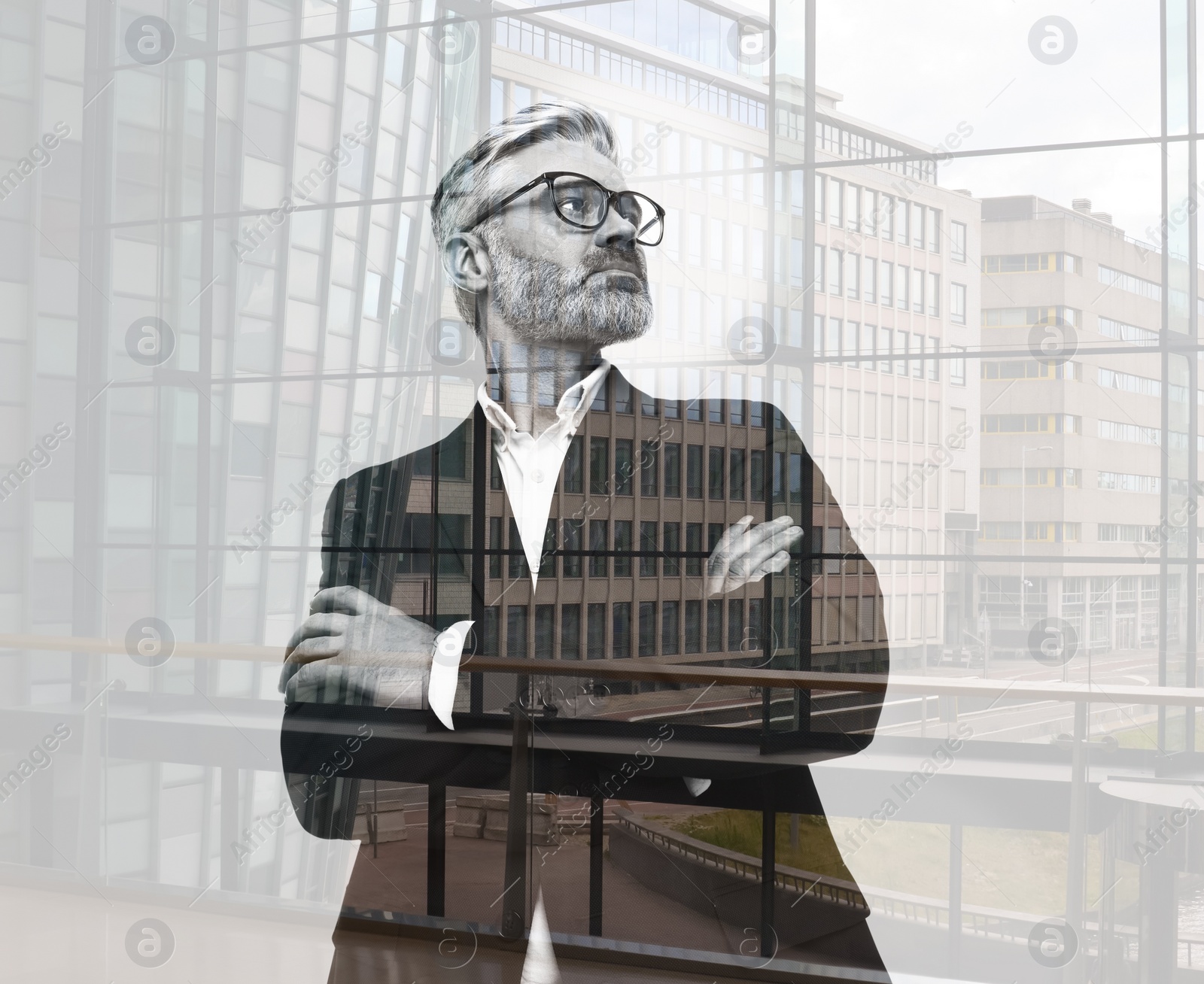 Image of Double exposure of businessman and cityscape with office buildings