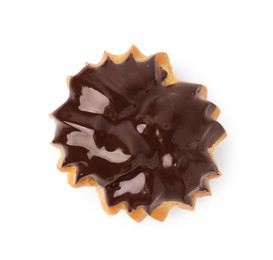Photo of One delicious profiterole with chocolate spread isolated on white, top view