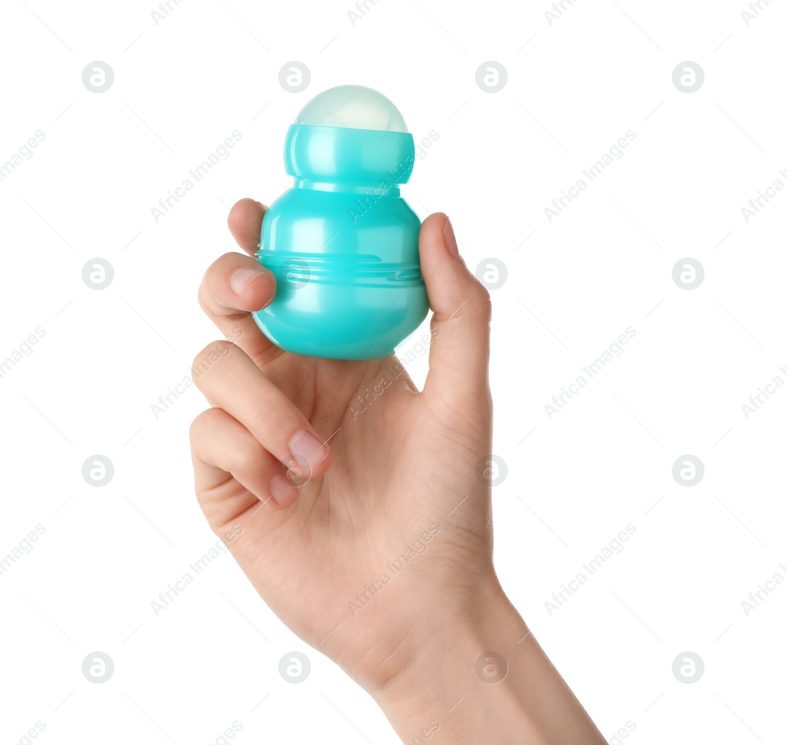 Photo of Woman holding roll-on deodorant on white background, closeup