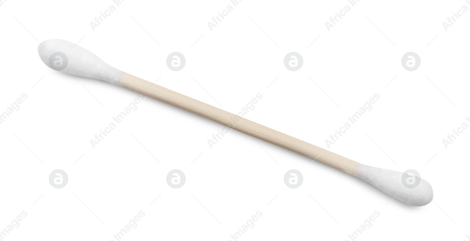 Photo of Wooden cotton bud isolated on white, top view