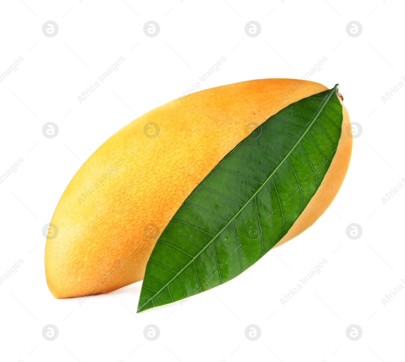 Photo of Fresh ripe mango with green leaf isolated on white