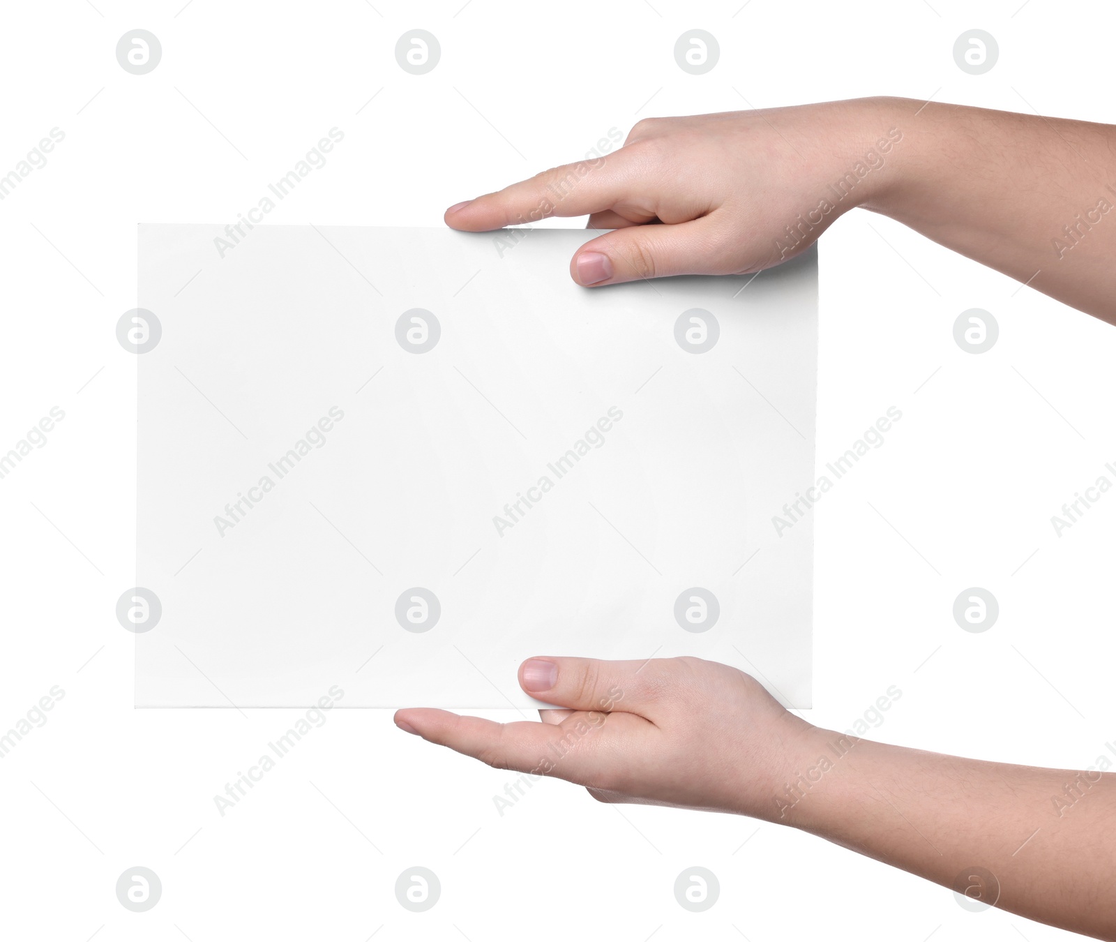 Photo of Woman holding sheet of paper on white background, closeup. Mockup for design